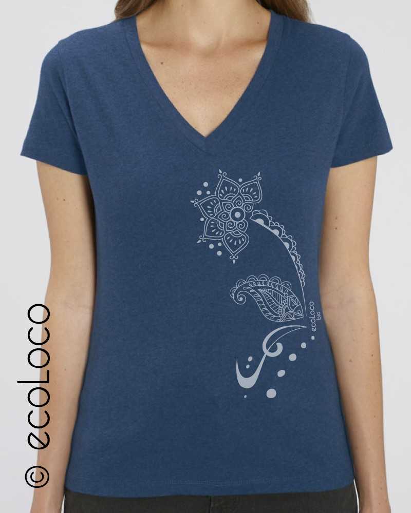 T shirt bio tatouage HENNA col V artisan éthique vegan ecologique